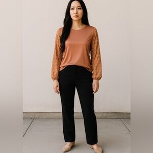 Cato Rust Blouse Medium Long Sleeve Lace Rosette Detail Stretchy Top